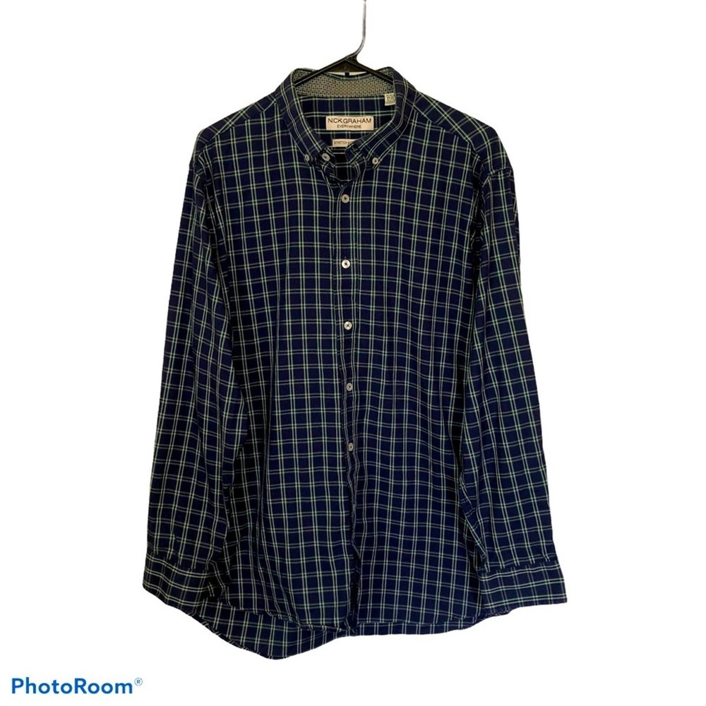 Nick Graham Button Down Shirt Stretch Modern Fit Blue Men’s 17.5 Plaid Stretch